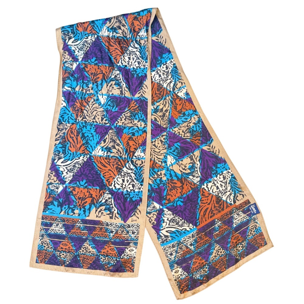 Vintage Silk Scarf Women blue orange Geometric Animal Print Japan 80s bag wrap